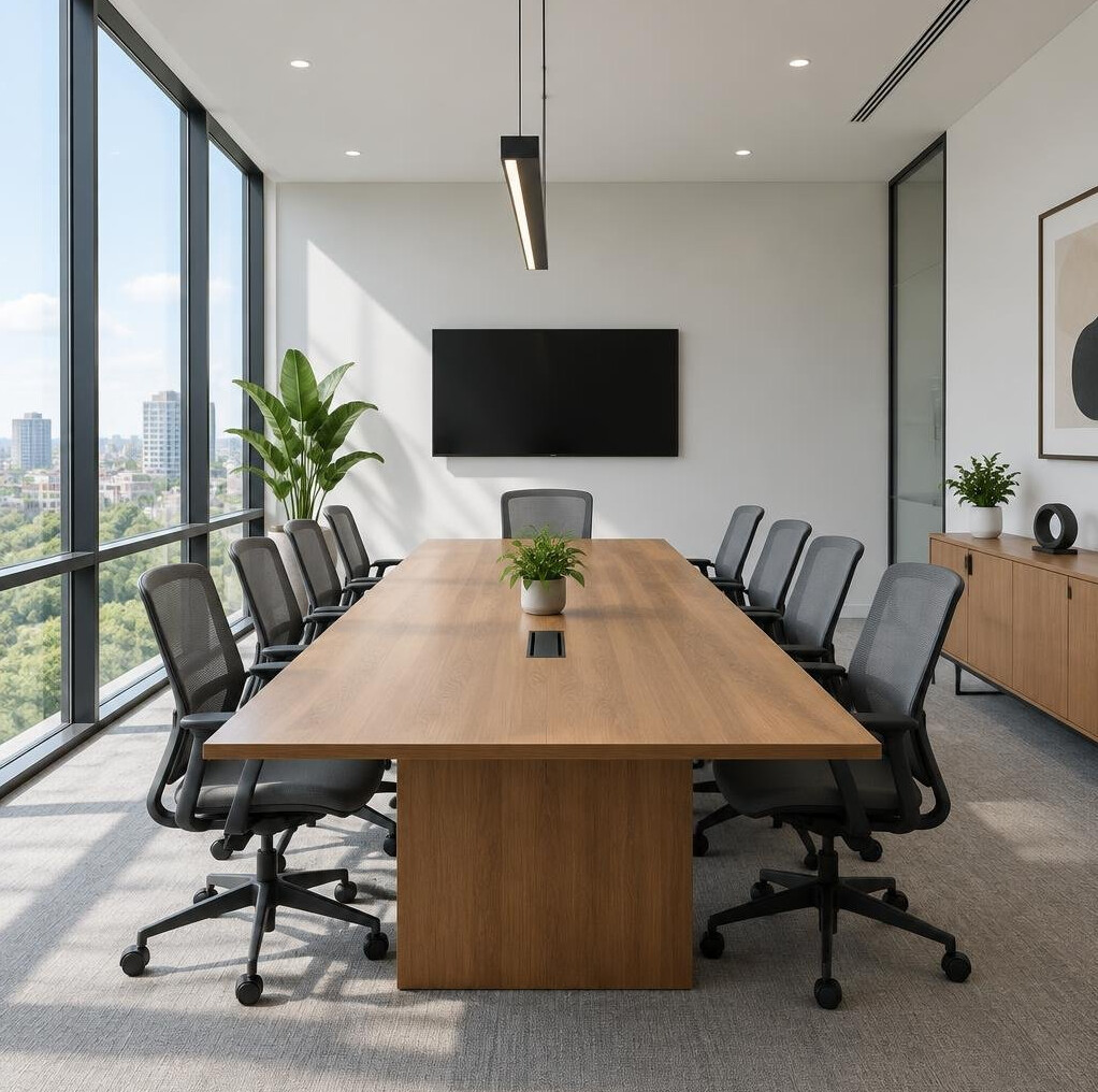 Empty modern meeting room with chairs around a table