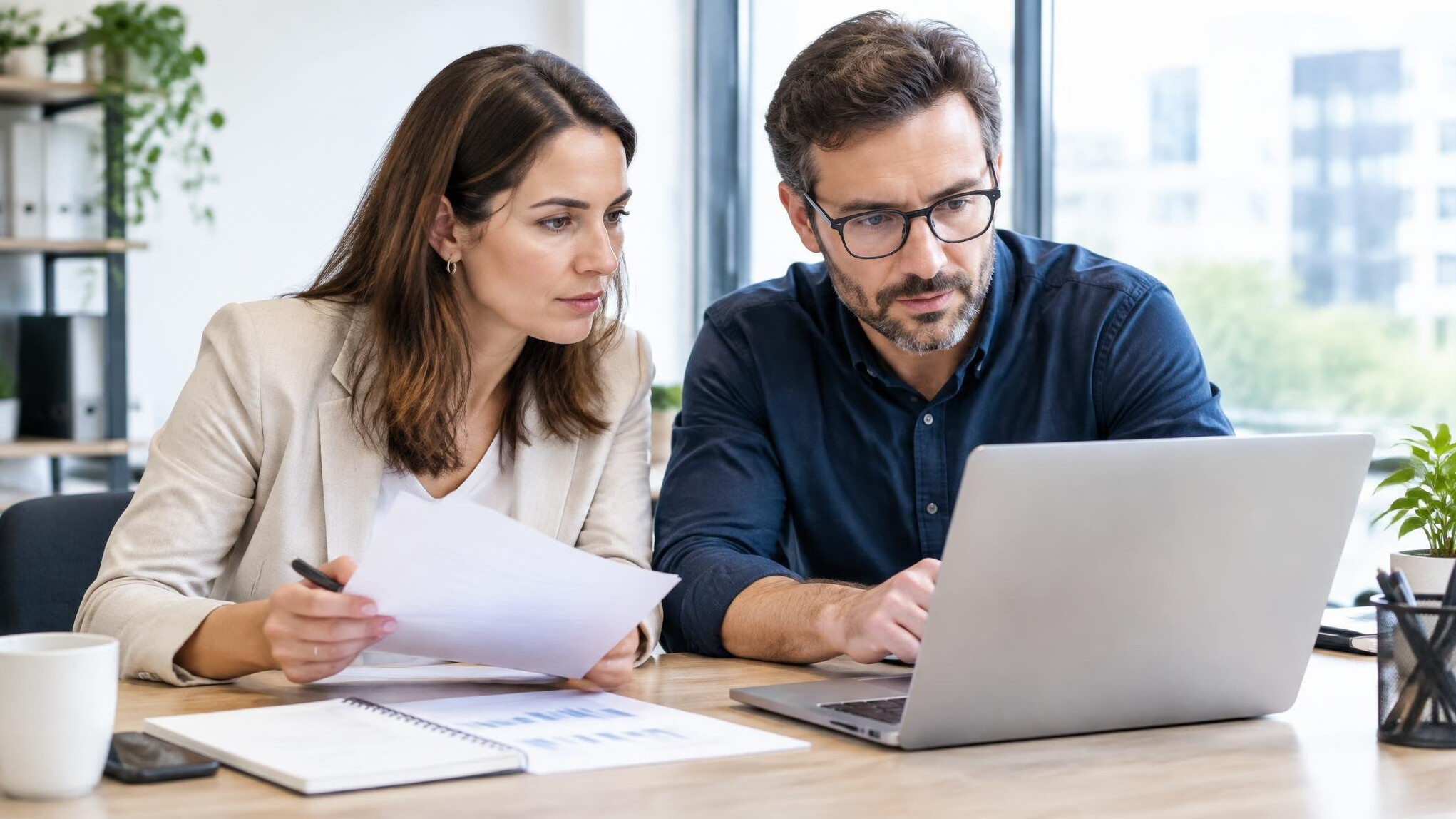 Two colleagues reviewing notes together at a desk
